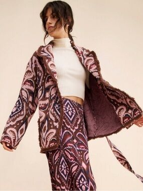 Farm Rio Bohemian Pineapple Ikat Knit Sweater Cardigan Blazer Fringe Medium